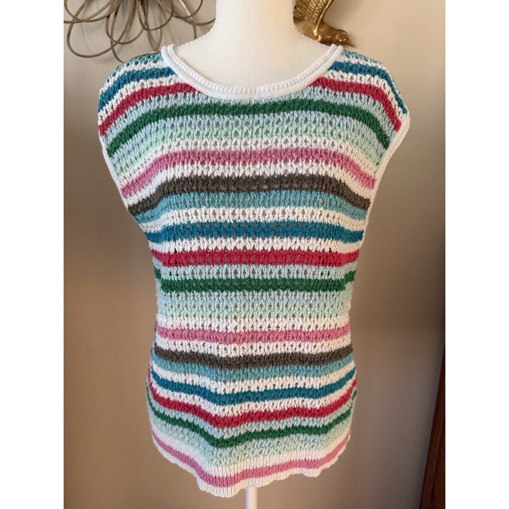 Talbots M Multicolor Crochet Knit Tank Top Striped Cotton Sleeveless Sweater